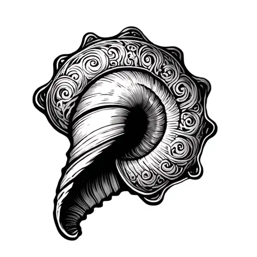 Tattoo design of a conch shell styled like a cow horn, engraved with Buddhist patterns, with subtle Western scrollwork  tattoo design idea