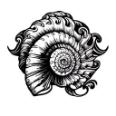 Tattoo design of a conch shell styled like a cow horn, engraved with Buddhist patterns, with subtle Western scrollwork  tattoo design idea