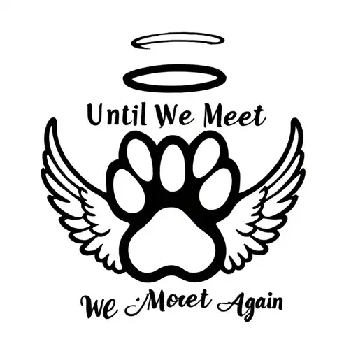 paw print with halo and angel wings and writing Until We Meet Again  tattoo design idea