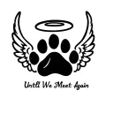 paw print with halo and angel wings and writing Until We Meet Again  tattoo design idea