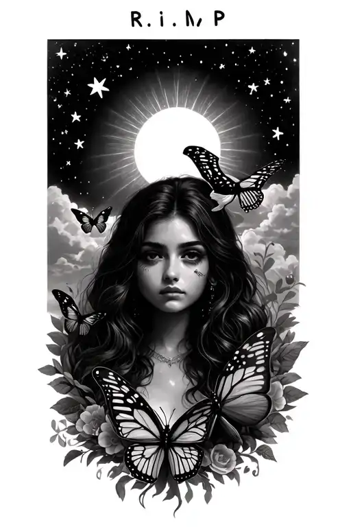 r.i.p naynay with pretty sky sun stars butterflys and birds tattoo design idea