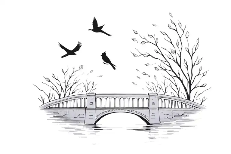 Bridge with cardinals flying and leaf wisps in the air  tattoo design idea