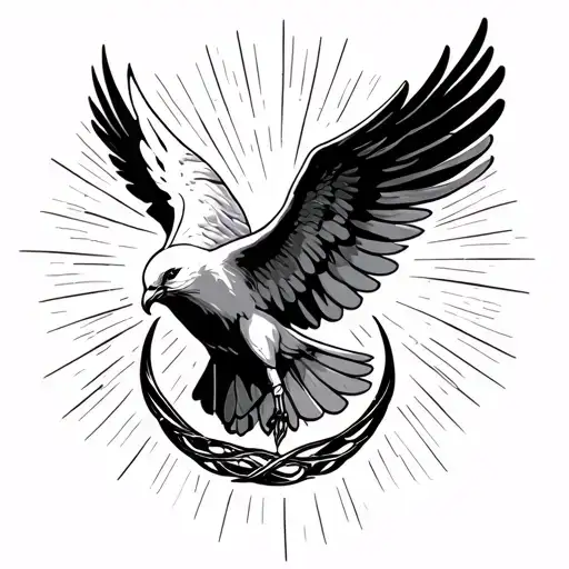 holy dove with ray of light flying front fiew, with ouroboros under tattoo design idea