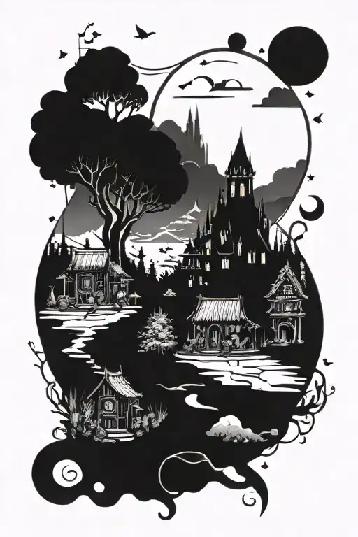 A fantasy-themed half sleeve tattoo that combines elements of phantasy books, trolls, dwarves, and landscape storytelling in a cohesive design tattoo design idea