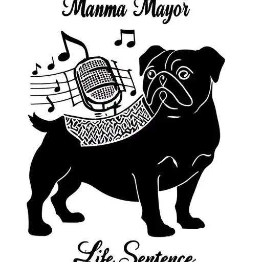 "Mamma Mayor - Life Sentence " Incorporate microphone and music notes intertwined with pug silhouette tattoo design idea