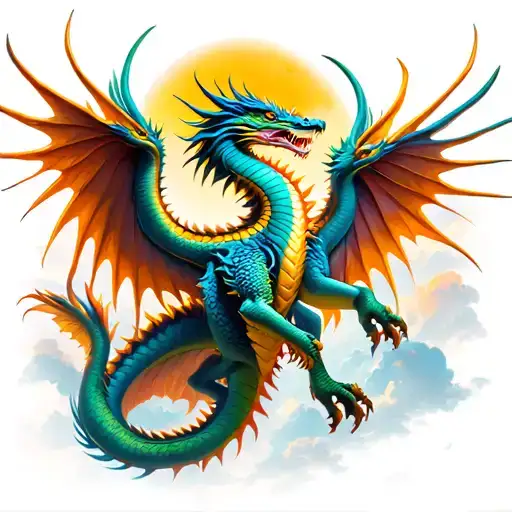 quetzalcoatl surronded by 3 more dragons flying tattoo design idea