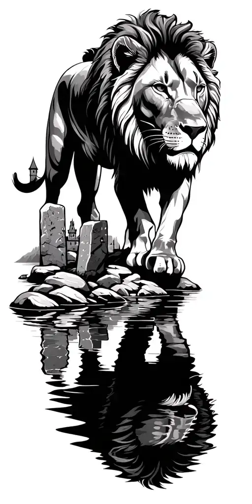 lion walking through standing stones with reflection of castle in lake tattoo design idea