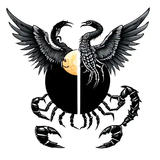 1)Half sun half moon 2) inverted scorpion on them 3) His tail as face of phoenix 4) Phoenix wings attached to scorpions  tattoo design idea