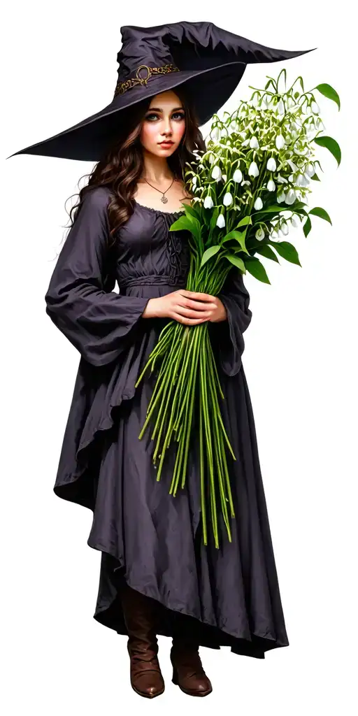 a witch, holding a bouquet of snowdrop flowers and witch hazel leaves  tattoo design idea