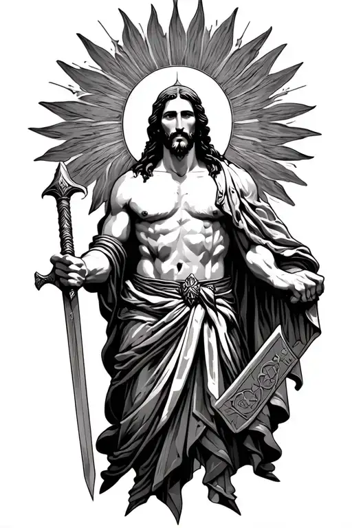 JESUS, WARRIOR, SPARTAN, SUN AND SWORD tattoo design idea