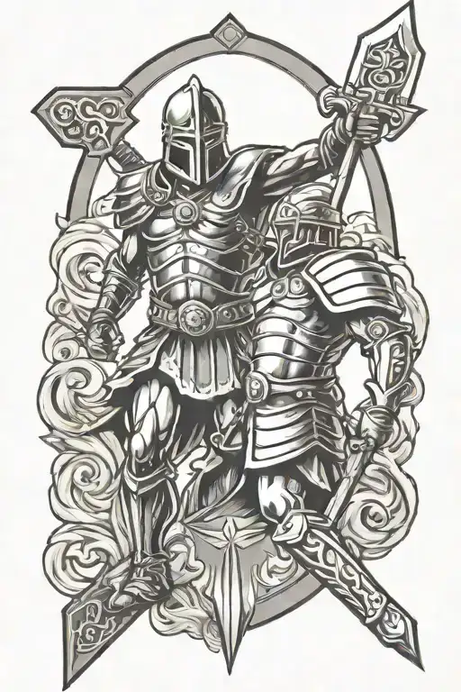 a cross illuminating a bright light saving a gladiator from danger tattoo design idea