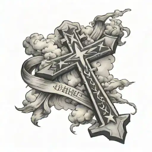 stars and clouds surrounding a cross with the Bible verse Hebrews 12:11 coming down tattoo design idea