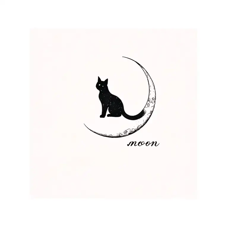 text "moon" beautiful calligraphy brush and include cat symbol just small tattoo design idea