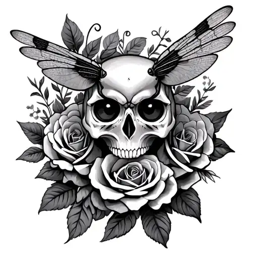 DRAGONFLY HUMMINGBIRD OWL   Skull and Roses tattoo design idea