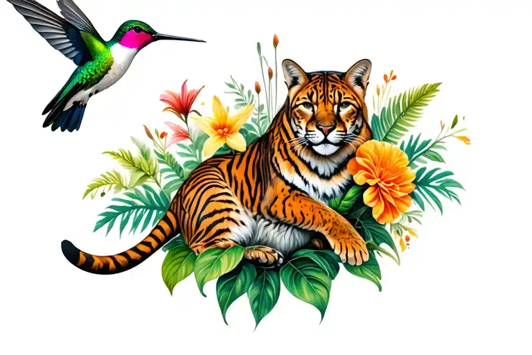 hummingbird and a cougar, playing in plants, some can be tiger-lilys and marigolds. tattoo design idea