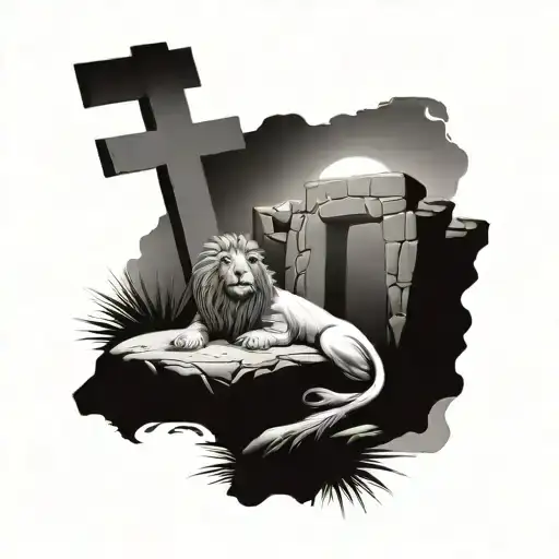 Jesus empty tomb with the three crosses in distance and lion in the sky  tattoo design idea