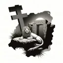 Jesus empty tomb with the three crosses in distance and lion in the sky  tattoo design idea