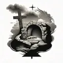Jesus empty tomb with the three crosses in distance and lion in the sky  tattoo design idea