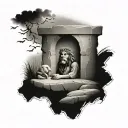 Jesus empty tomb with the three crosses in distance and lion in the sky  tattoo design idea