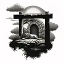 Jesus empty tomb with the three crosses in distance and lion in the sky  tattoo design idea