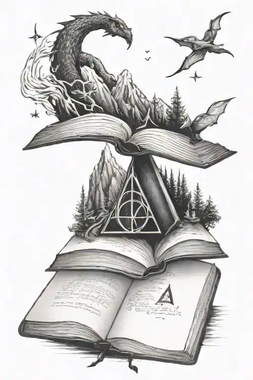 a book open with a mountain with 3 stars above, the deathly hallows sign from Harry potter, a night fury floating, magic tattoo design idea