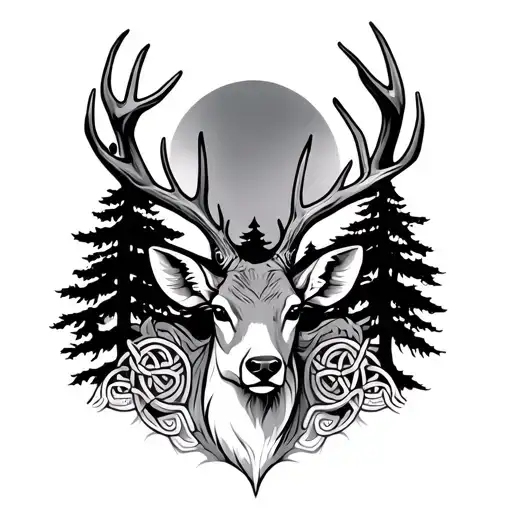 celtic deer head with trees tattoo design idea