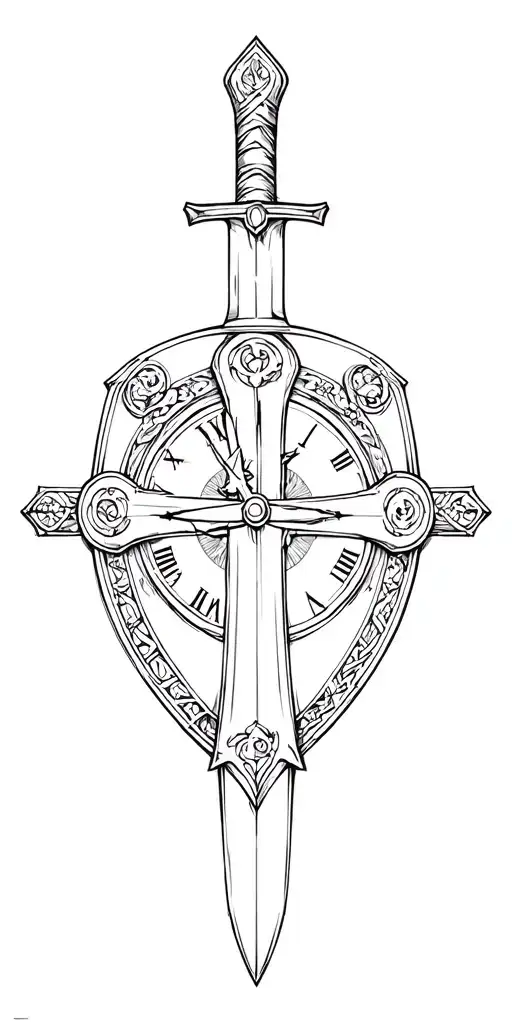 greek clock on war sword shield cross tattoo design idea