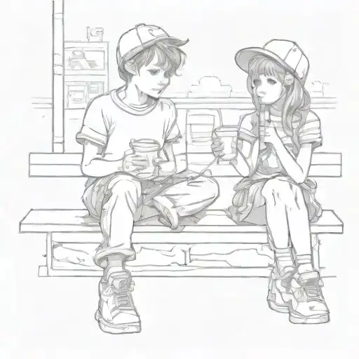 boy and girl sitting on sidewalk drinking milk shakes   tattoo design idea