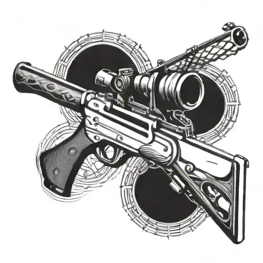 Combine a hunting rifle and a fishing rod into a unique weapon design tattoo design idea