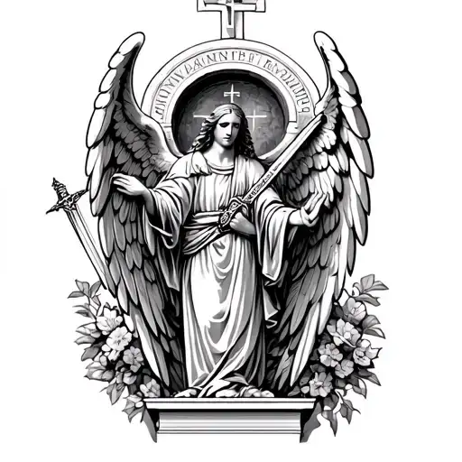 inside of catholic church arch angel with sword tattoo design idea