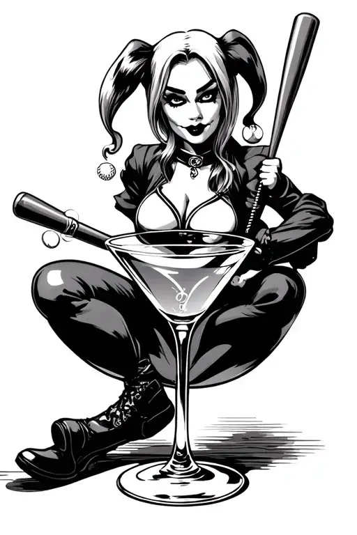 Harley Quinn sitting inside a martini glass holding Baseball bat. similar to old school sailor jerry tattoos tattoo design idea