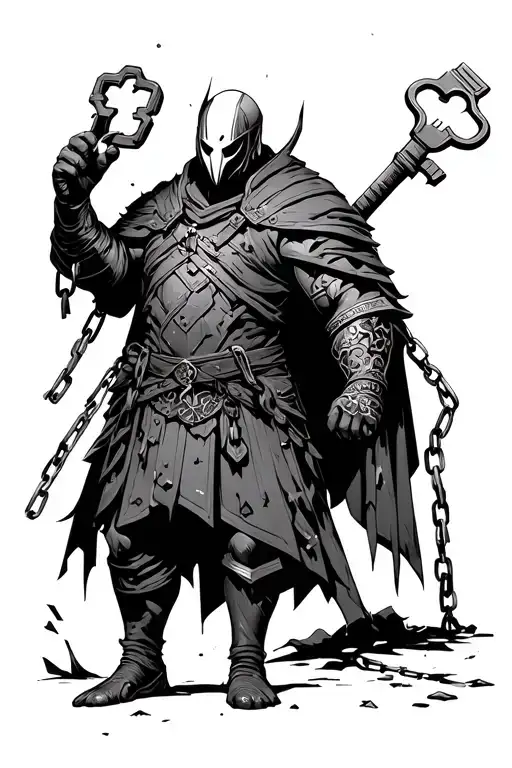 A warrior standing upright, holding a large key in one hand and broken chains in the other, wearing a mask on his face. tattoo design idea