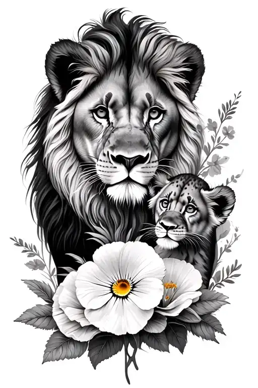 mama lion, 2 baby  cubs, pansy flower, poppy flower, chrysanthemum tattoo design idea