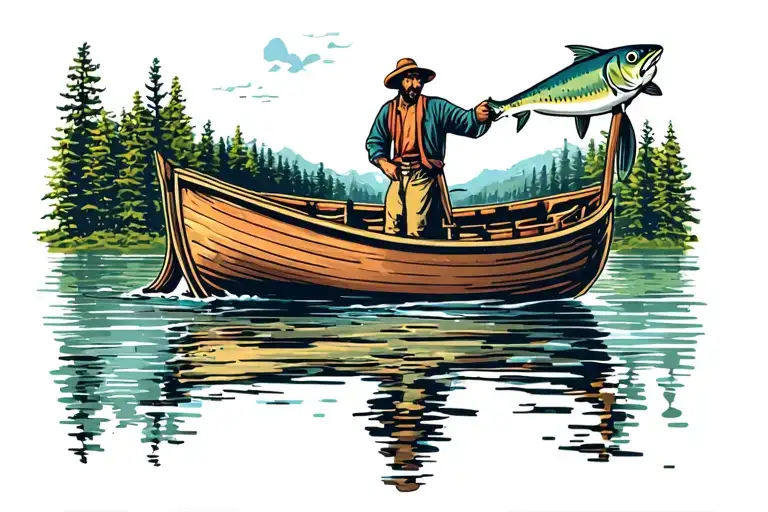 boat on lake catching fish tattoo design idea