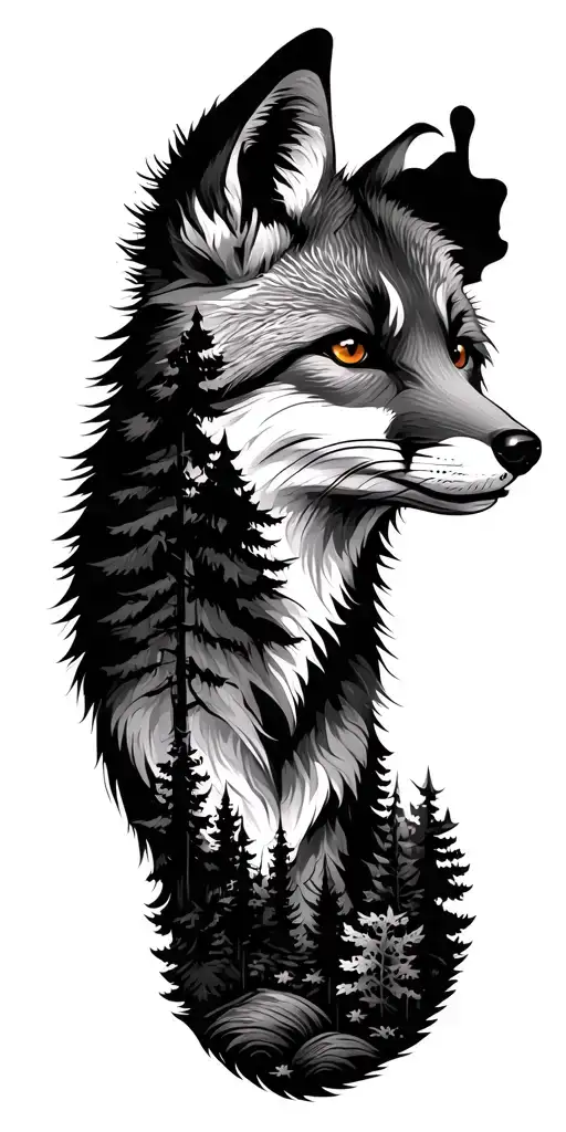 fox face surrounded by forest in black and white tattoo design idea