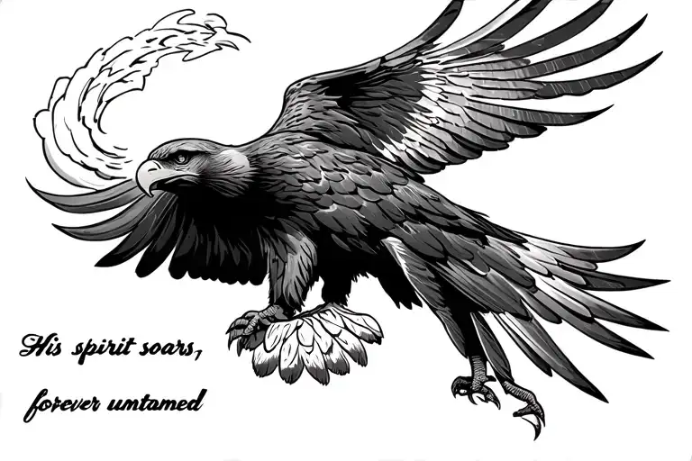 realistic eagle outline. The eagle should be in a clean, black. below in scroll font "His spirit soars, forever untamed" tattoo design idea