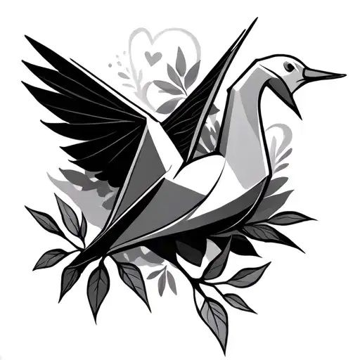 origami crane with leaves and a heart tattoo design idea