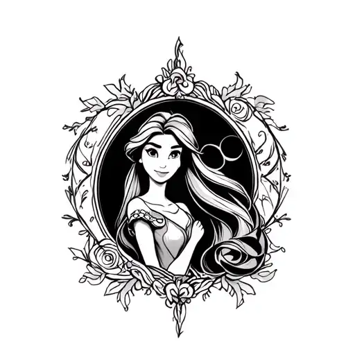 generate a tattoo based on the Disney cartoon Rapunzel the tangled story, use a line from the song 언젠가 마주할 빛을 찾아 tattoo design idea