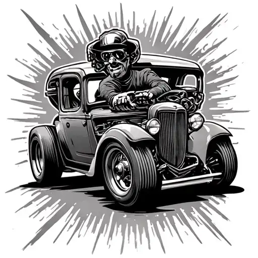 gearhead mechanic with straight shades driving a car humble tattoo design idea