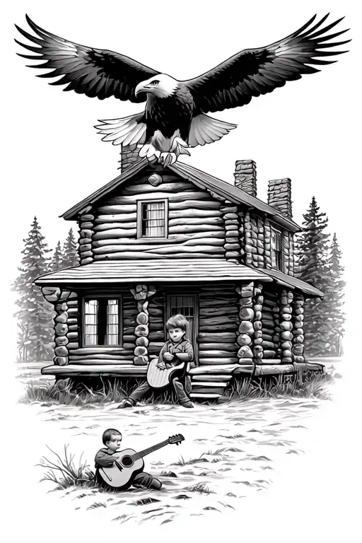 bald eagle flying above a log cabin with an acoustic guitar sitting in the porch with a little boy looking at all of it  tattoo design idea