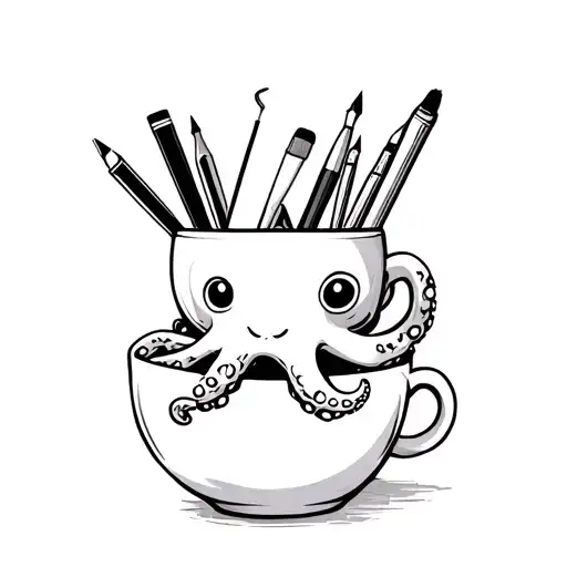 cartoon octopus in a coffee cup overflowing holding art supplies  tattoo design idea