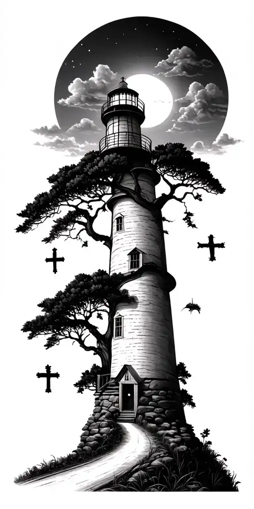 family tree, cross, lighthouse, narrow road tattoo design idea