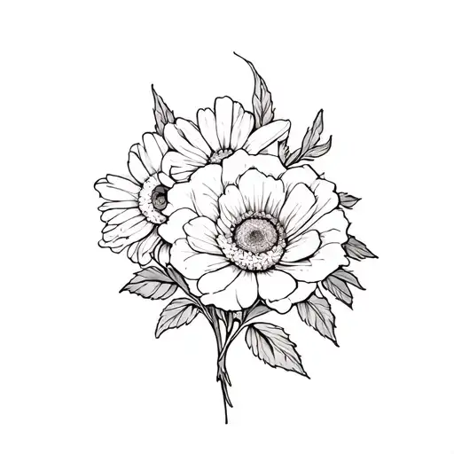 rose marigold daisy daffodil flowers intertwined tattoo design idea