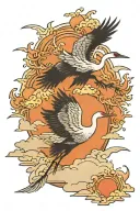 two japanese style cranes flying towards a setting sun with water beneath it  tattoo design idea
