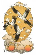 two japanese style cranes flying towards a setting sun with water beneath it  tattoo design idea