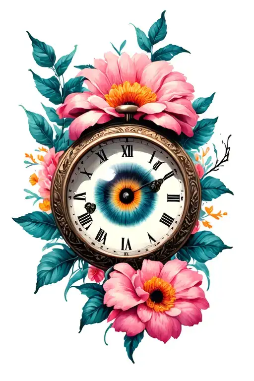 eye clock flower skull tattoo design idea