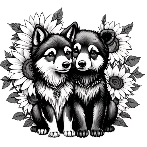  cute baby wolf and bear sitting with sunflowers and roses. black tattoo design idea