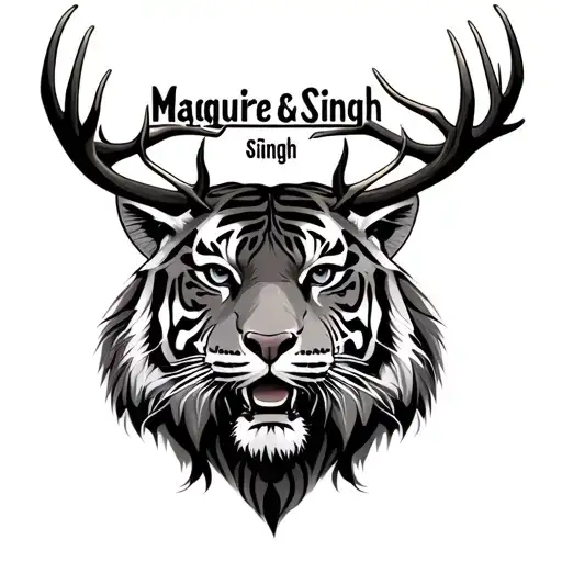 back tattoo. face of a tiger and Irish elk mixed together. above the name Maguire and Singh written in Punjabi tattoo design idea