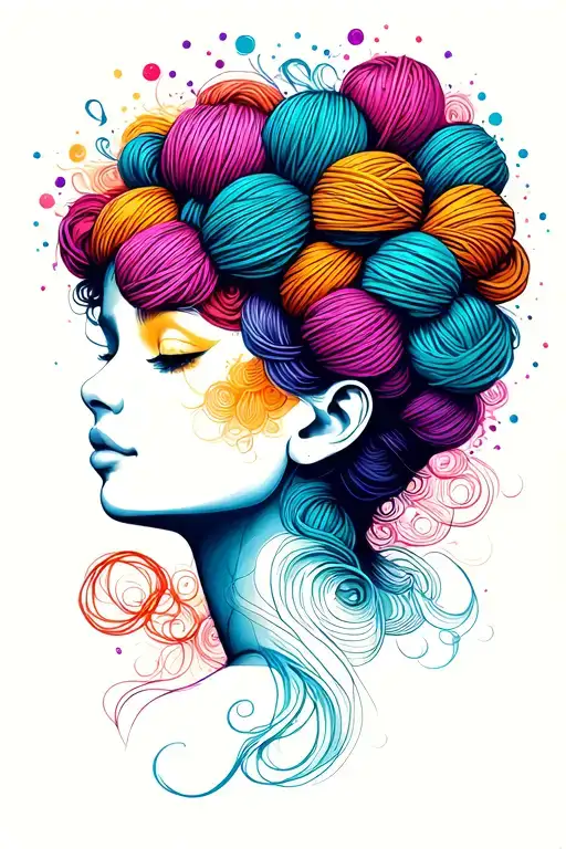 female face side profile with yarn exploding from top of head depicting tangled thoughts  tattoo design idea
