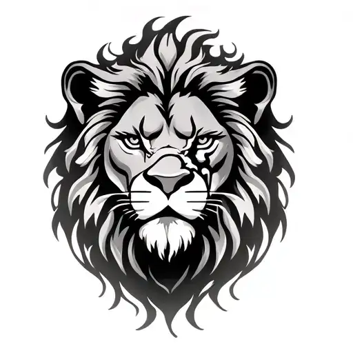 Flaming Lion with a scar on it's left eye realistic tattoo design idea